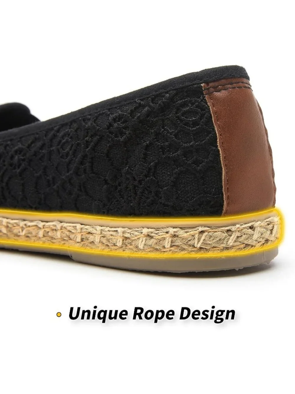 Women's Black Rubber Flower Embroidered Comfortable Round Toe Casual Ballet Flat